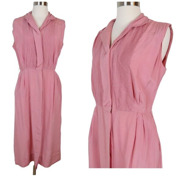 VINTAGE 1950s Women's Pink Slim Pinup Shirtdress with Pintucks - Picture 1 of 10